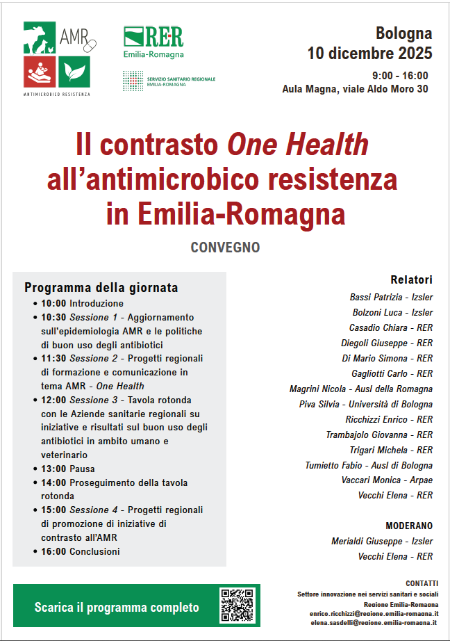 Poster del convegno regionale "Il contrasto One Health all’antimicrobico resistenza in Emilia-Romagna", tenuto a Bologna il 10 dicembre 2025