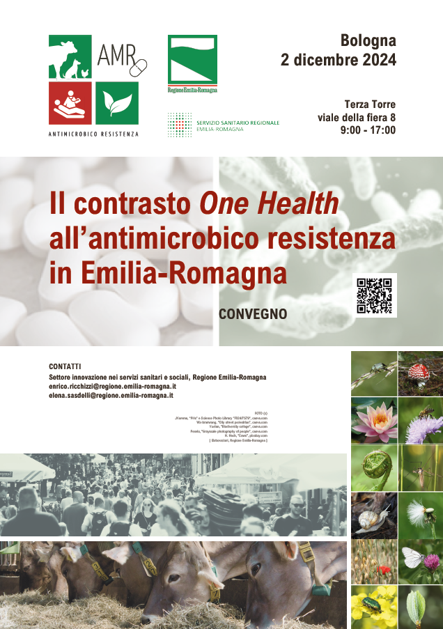 Poster del convegno regionale "Il contrasto One Health all’antimicrobico resistenza in Emilia-Romagna", tenuto a Bologna il 2 dicembre 2024